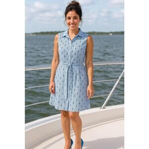 Chloe+Rene Blue/White Striped Anchor Print Cotton Shirt Dress w/Waist Tie S